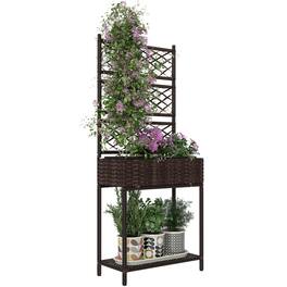 Outsunny - Raised Garden Bed with Trellis, Outdoor Wicker Planter, Freestanding Rattan Planter Stand with Storage Shelf - Brown