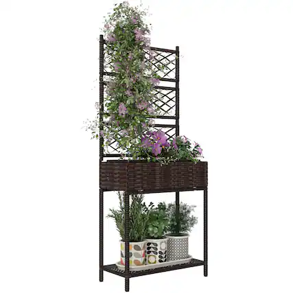 Front. Outsunny - Raised Garden Bed with Trellis, Outdoor Wicker Planter, Freestanding Rattan Planter Stand with Storage Shelf - Brown.