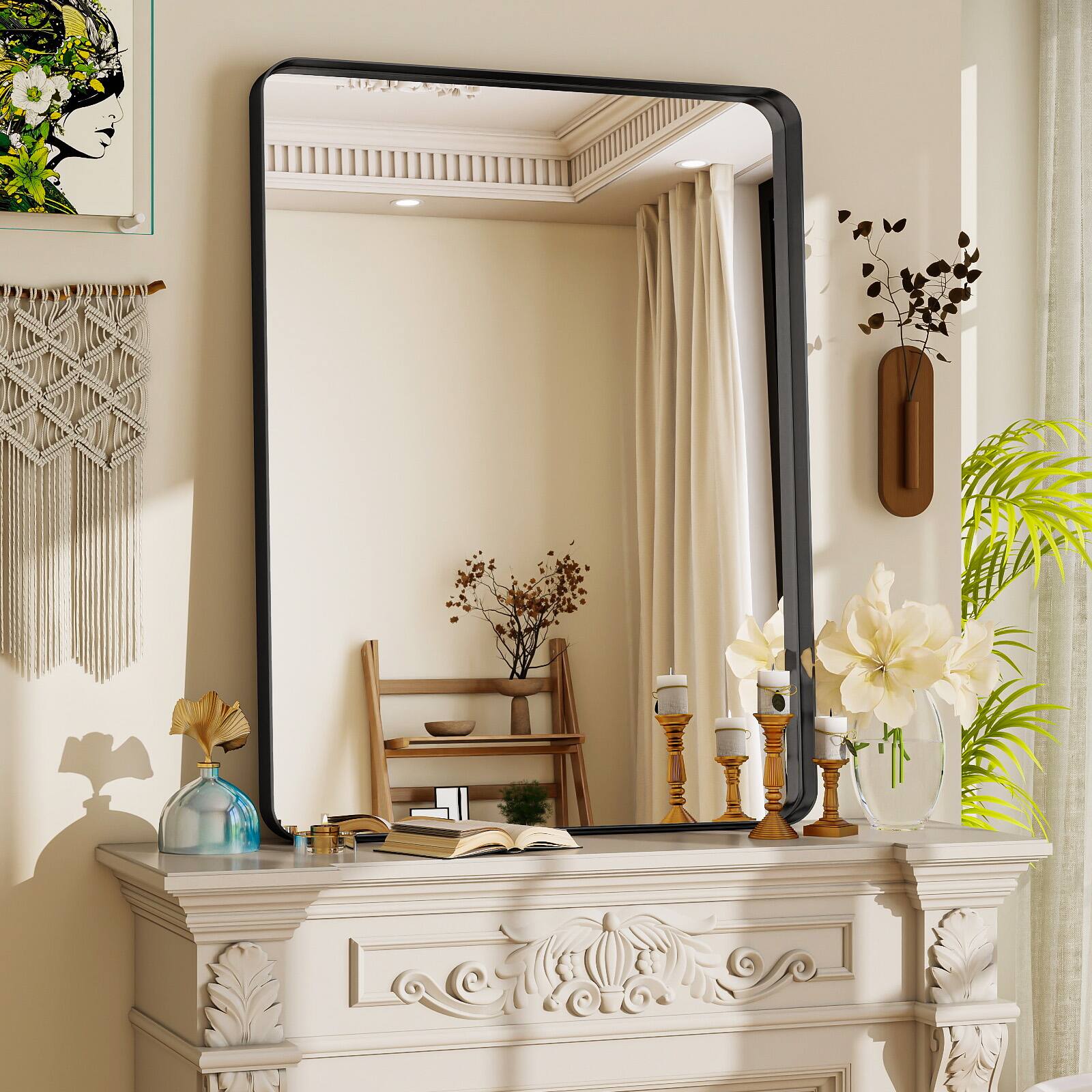 Angle. Easly - Black 30 in. W x 40 in. H Rectangle Aluminum Alloy Deep Frame Vanity Wall Mirror - Black.