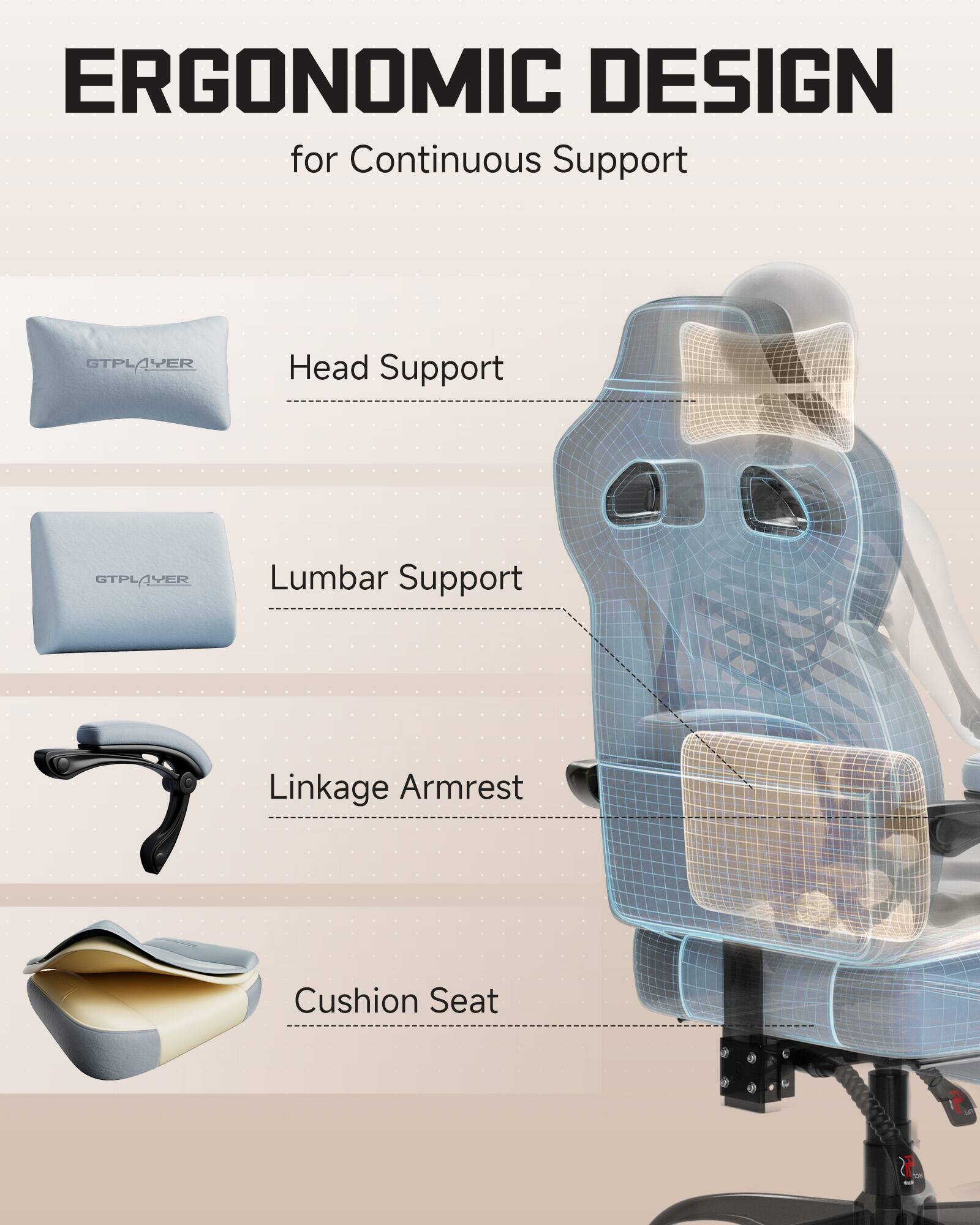 ERGONOMIC DESIGN for Continuous Support

- Head Support
- Lumbar Support
- Linkage Armrest
- Cushion Seat