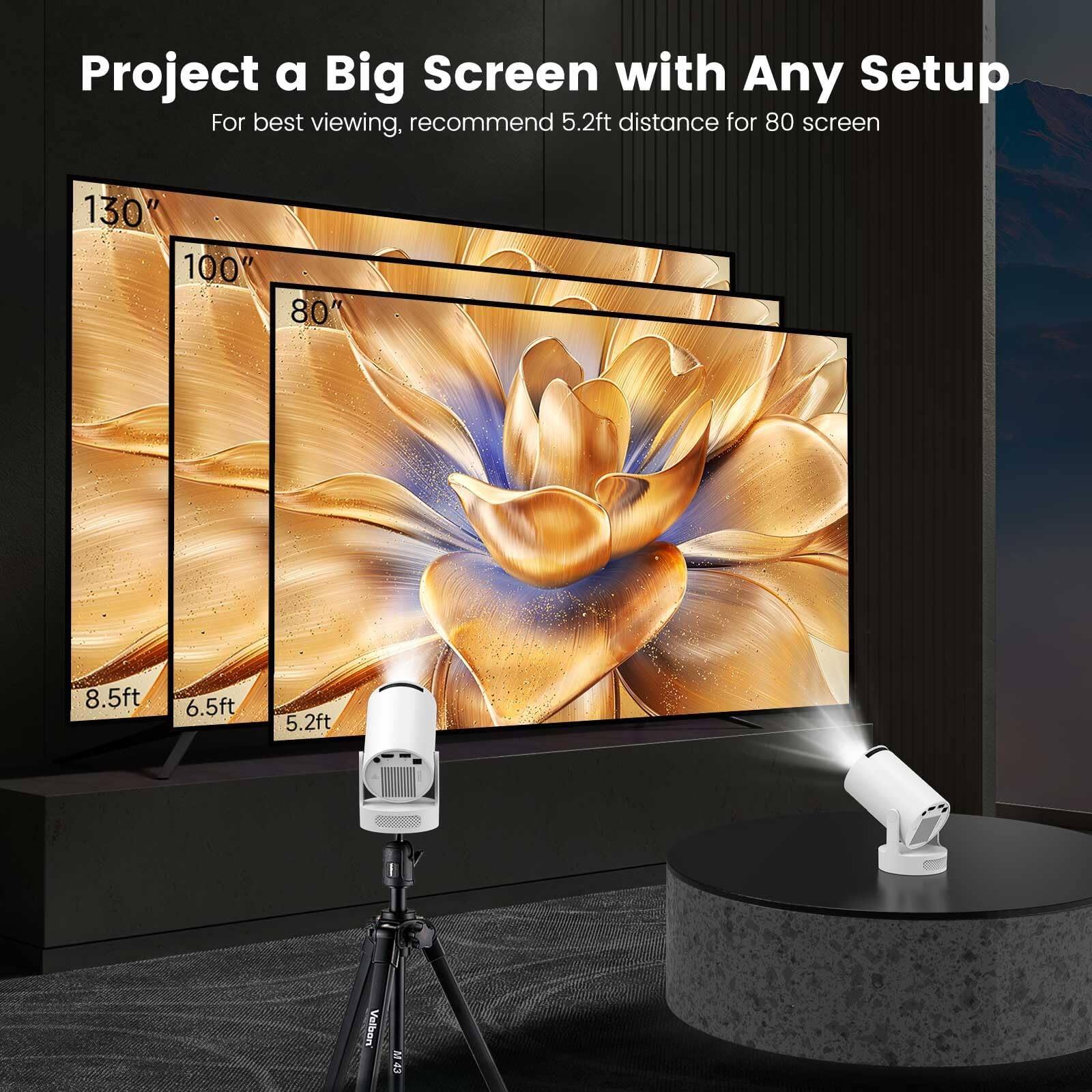 Project a Big Screen with Any Setup

For best viewing, recommend 5.2ft distance for 80 screen

130"
100"
80"

8.5ft
6.5ft
5.2ft