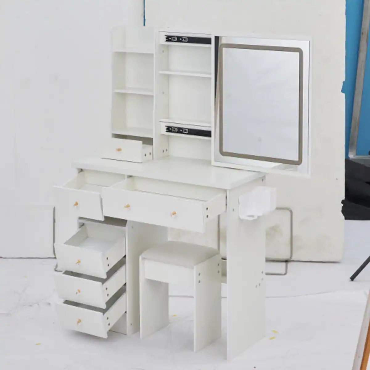 Alt View 1. Loheer - Loheer 37 inch makeup vanity table with cushioned stool, sliding mirror, LED lights and charging station - White.