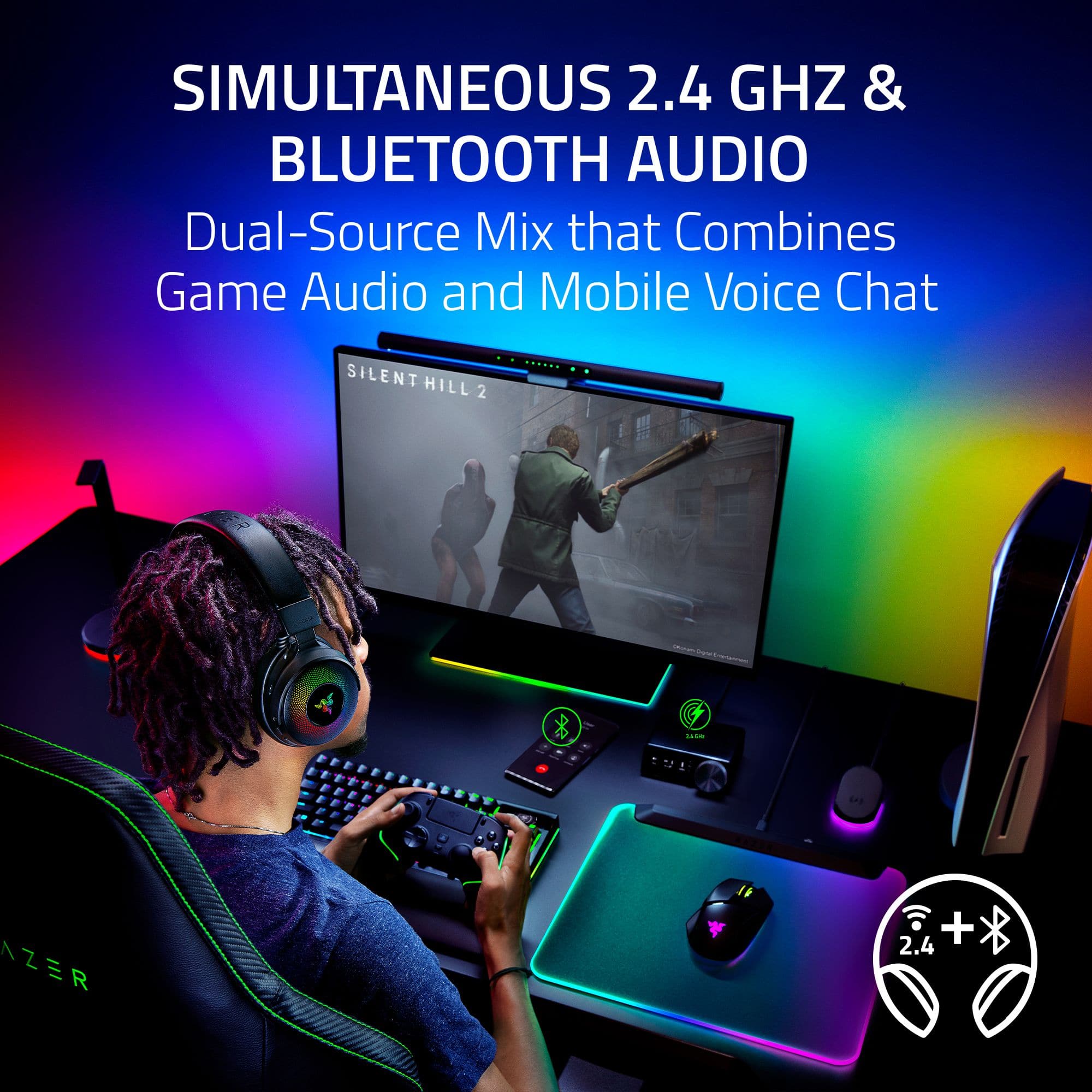 Simultaneous 2.4 GHz & Bluetooth Audio: Dual-Source Mix that Combines Game Audio and Mobile Voice Chat.