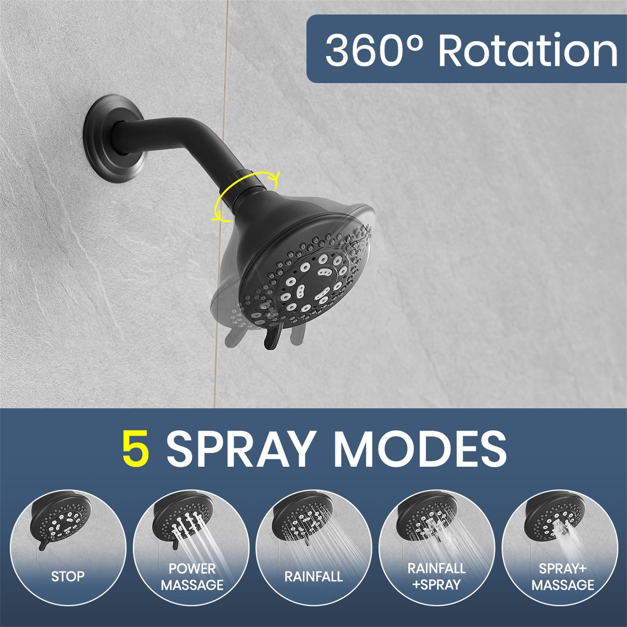360° Rotation  
5 SPRAY MODES  
- STOP  
- POWER MASSAGE  
- RAINFALL  
- RAINFALL + SPRAY  
- SPRAY + MASSAGE