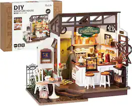 Robotime - Rolife Coffee Shop Miniature Dollhouse Kit with LED Lights - DIY Crafts for Adults, Birthday Gifts and Hobbies - Black