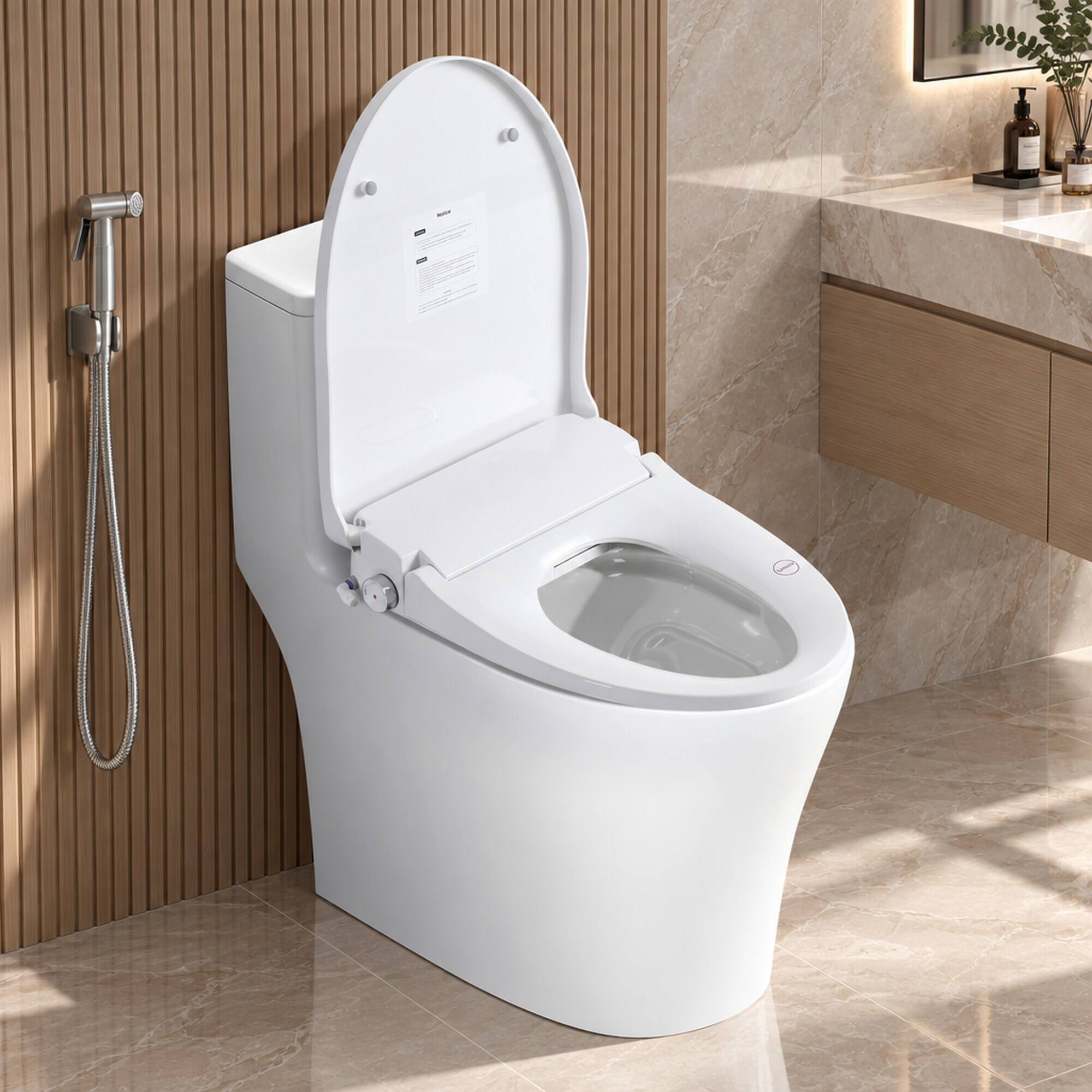 Angle. RYHNUYNE - Smart Bidet Toilet Seat, Side Knob Heated Seat Water Temperature and Pressure Adjustment Automatic Nozzle Cleaning - White.