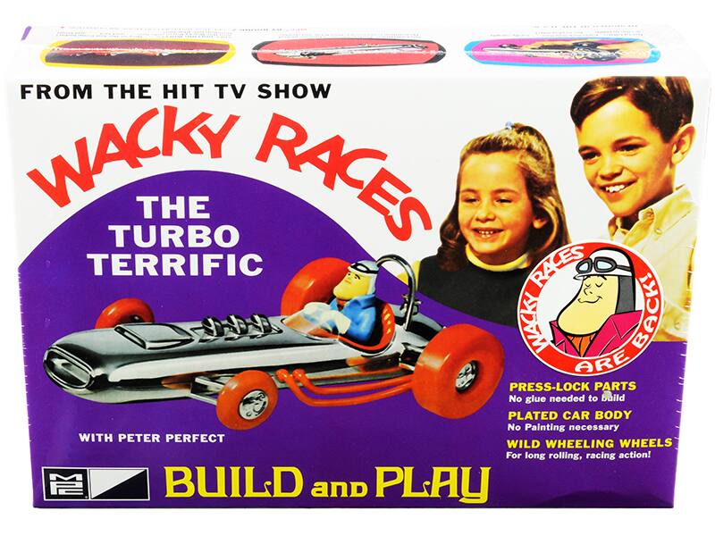 FROM THE HIT TV SHOW  
WACKY RACES  
THE TURBO TERRIFIC  

WITH PETER PERFECT  

BUILD and PLAY  

PRESS-LOCK PARTS  
No glue needed to build  
PLATED CAR BODY  
No Painting necessary  
WILD WHEELING WHEELS  
For long rolling, racing action!  

WACKY RACES ARE BACK!