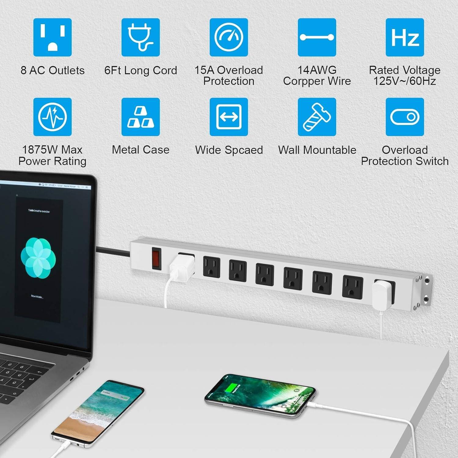 Hz, 8 AC Outlets, 6Ft Long Cord, 15A Overload Protection, 14AWG Corpper Wire, Rated Voltage 125V~/60Hz, 1875W Max Power Rating, Metal Case, Wide Spaced, Wall Mountable, Overload Protection Switch