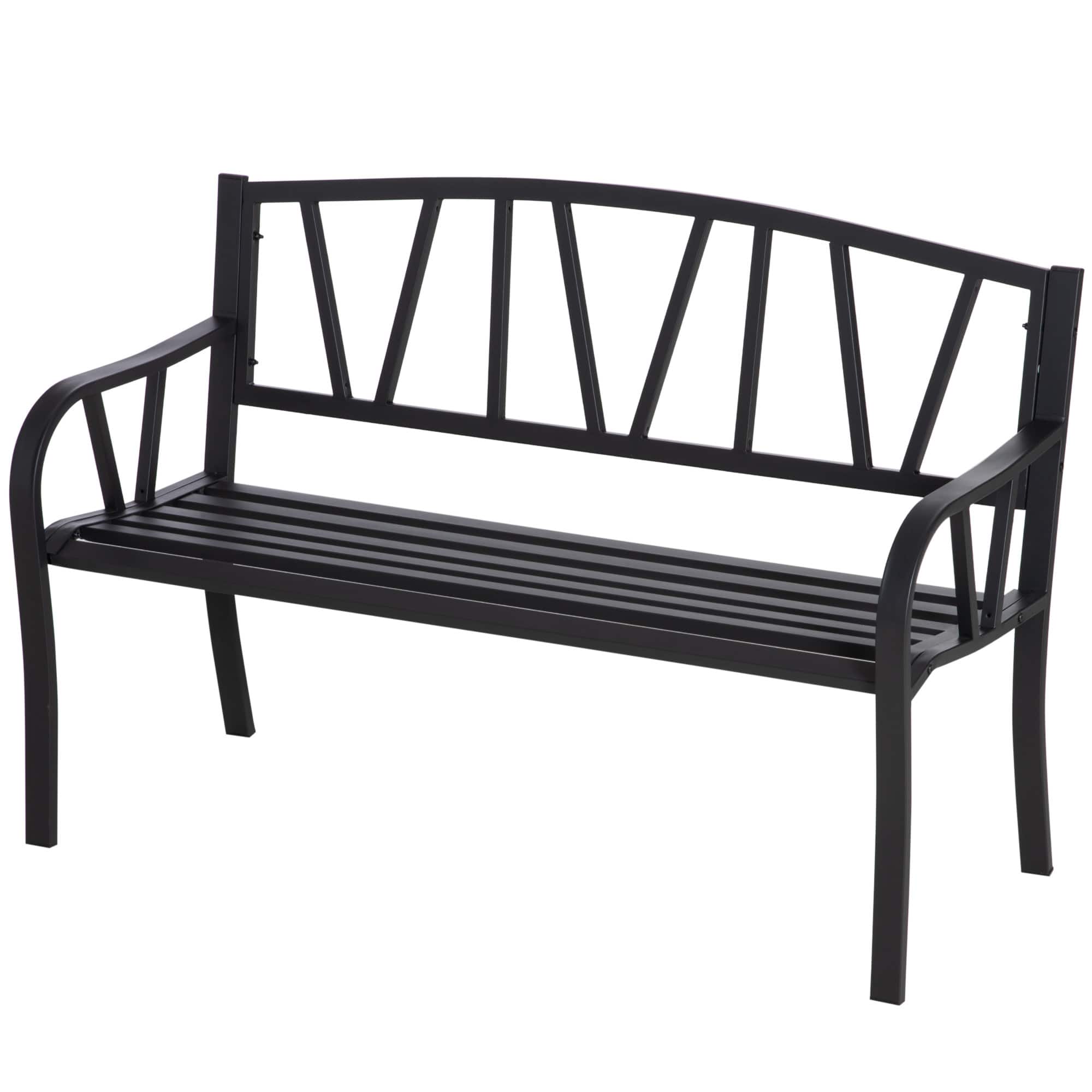 Outsunny - Outdoor Bench, Metal Garden Bench with V-Shaped Pattern Backrest, Porch Bench with Slatted Seat for Park, Yard - Black