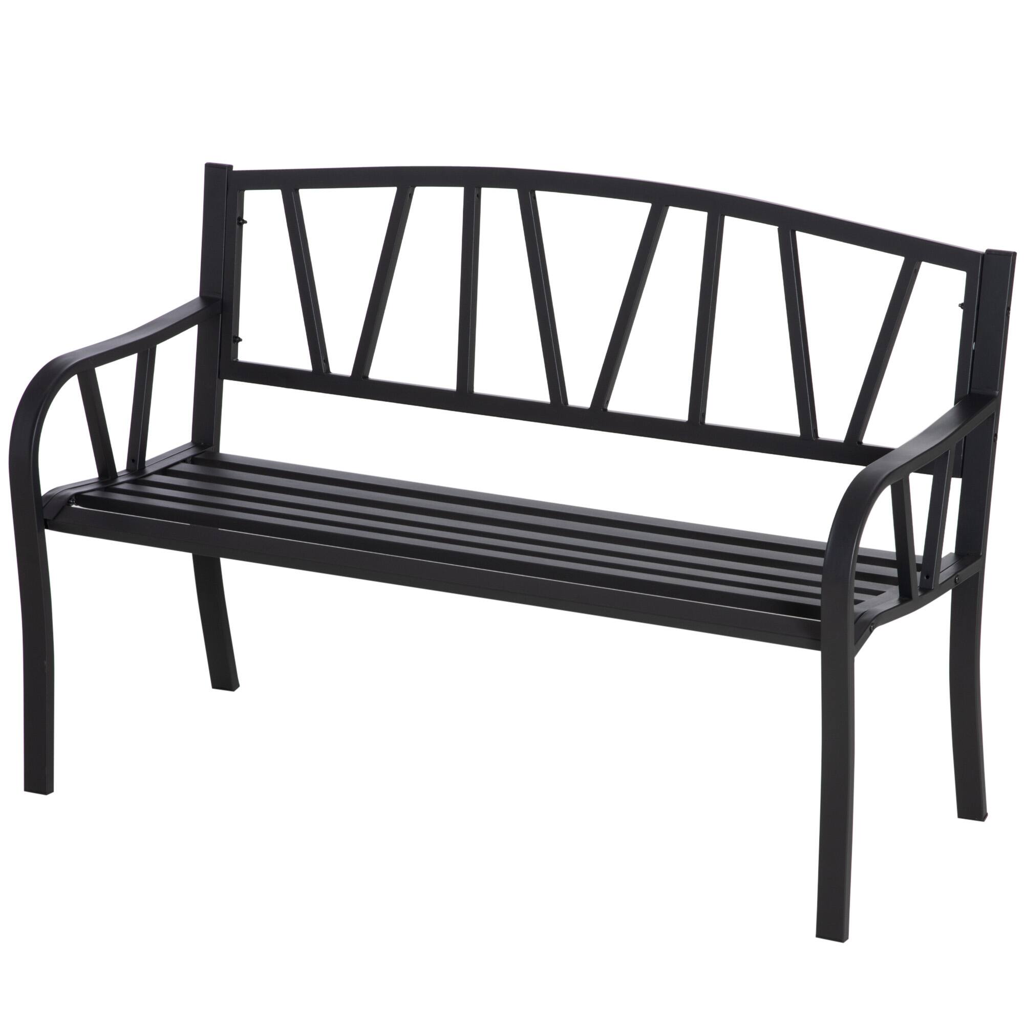 Front. Outsunny - Outdoor Bench, Metal Garden Bench with V-Shaped Pattern Backrest, Porch Bench with Slatted Seat for Park, Yard - Black.