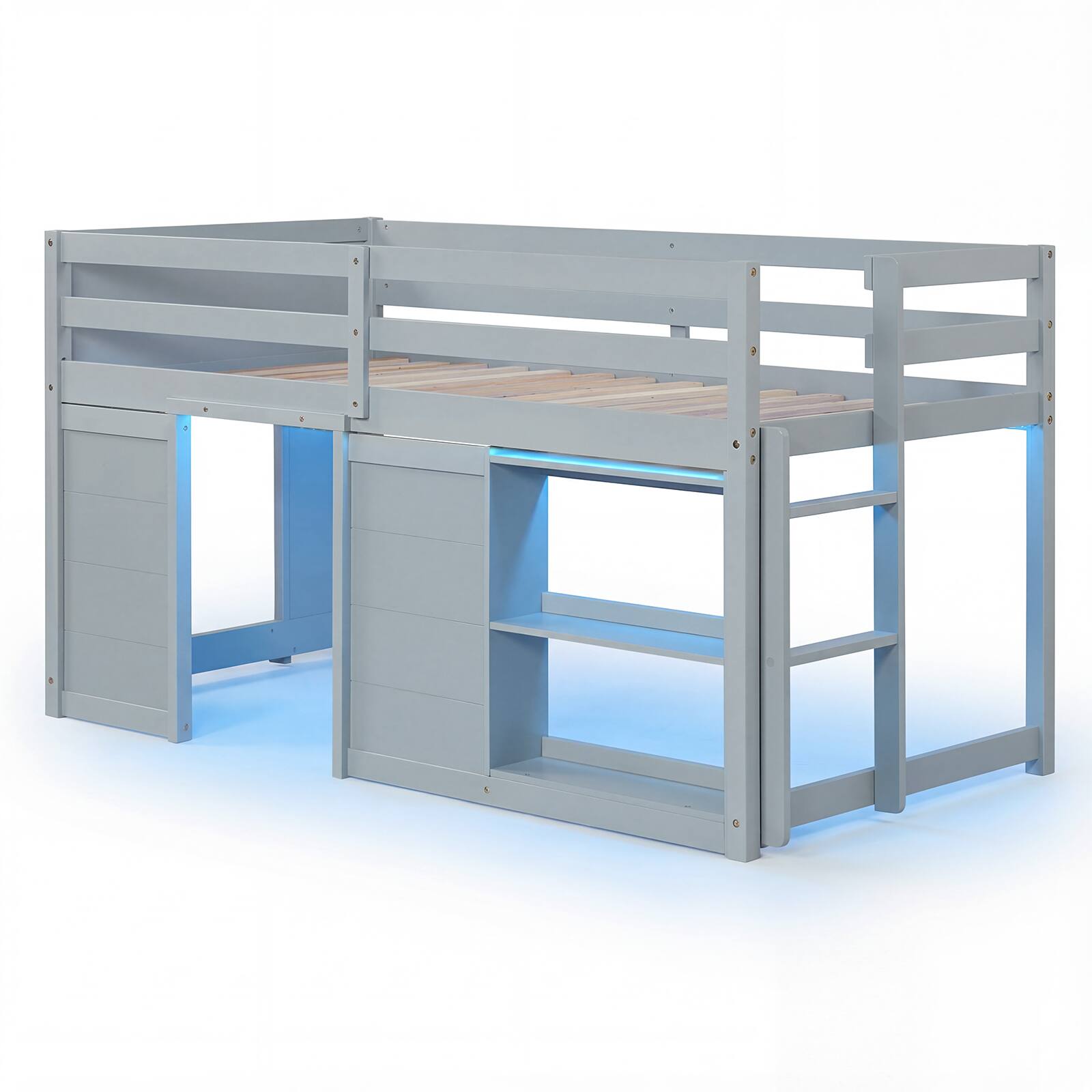 Front. Gymax - Gymax Twin Size Loft Bed w/ LED Lights 2 Doors Underbed Space & Shelves for Kids Grey - Grey.