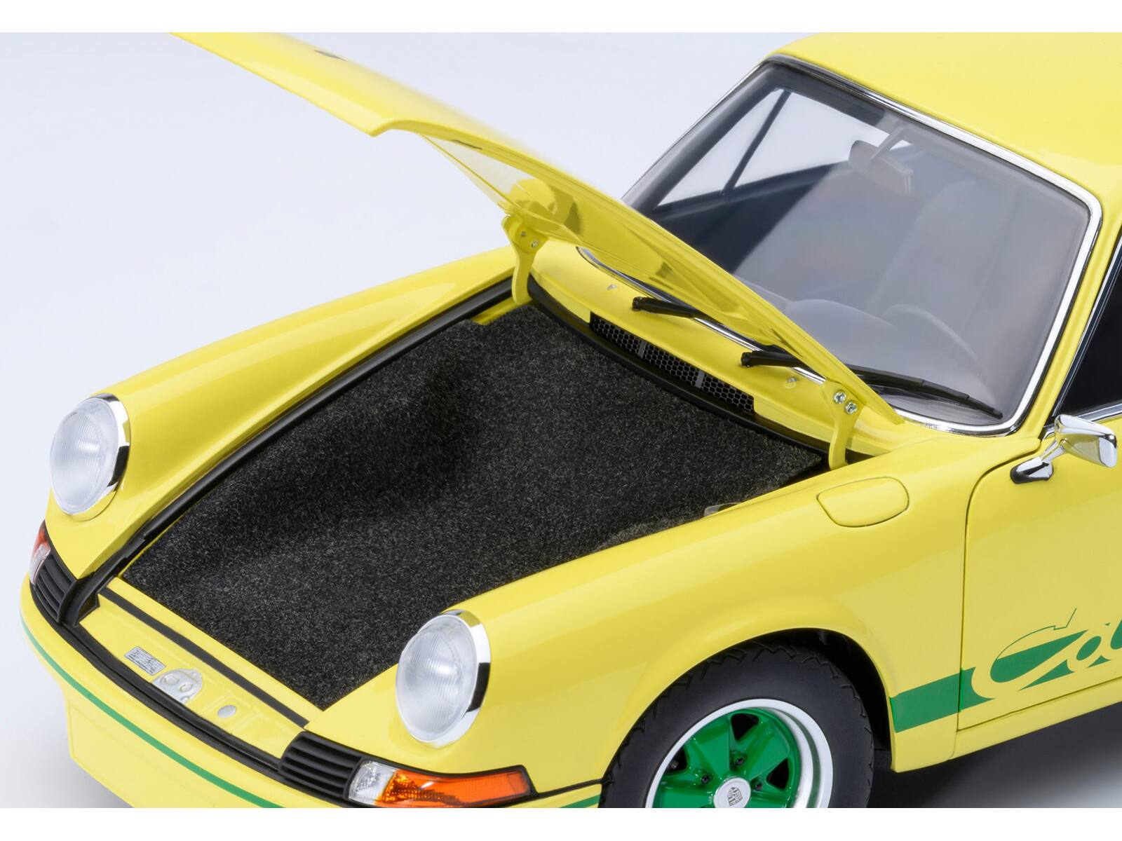 Alt View 2. Autoart - Porsche 911 Carrera 2.7 RS Light Yellow with Green Stripes and Wheels 1/18 Model Car by Autoart.