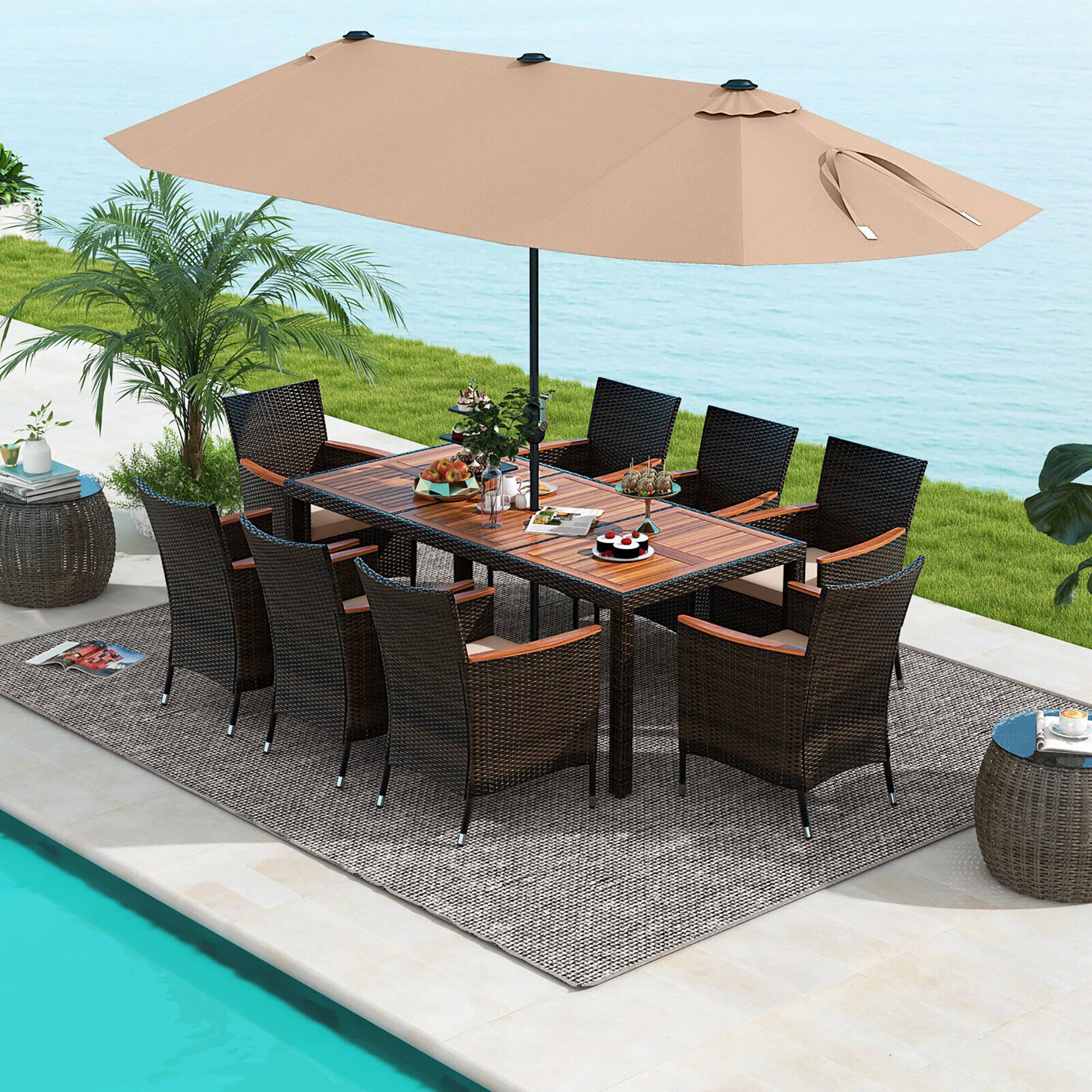 Alt View 3. Gymax - Gymax 9 Piece Patio Wicker Dining Set w/ Double-Sided Patio Coffee Umbrella Stackable Chairs - Beige, Mix Brown, Coffee.