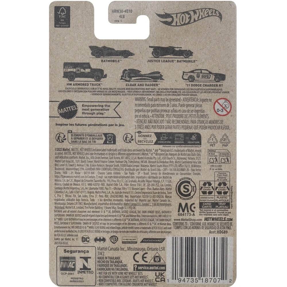 Sure, here is the corrected and grouped text from the image:

---

**Top Section:**
- HRW30-4810
- 4LB
- TPN 5

**Product Information:**
- BATMOBILE
- JUSTICE LEAGUE - BATMOBILE
- HW ARMORED TRUCK
- CLOAK AND DAGGER
- 1/10 DODGE CHARGER RT

**Warning:**
- WARNING: Small parts may be generated. ADVERTENCIA: Puede generar piezas pequeñas. ATTENTION: Peut produire des petites pièces. ATTENTION: Peut produire des petits éléments. ADVERTENCIA: Puede generar piezas pequeñas que podrían provocar asfixia si se ingieren. 0-3 niña ATTENTION: Peut produire des petits éléments qui pourraient causer asphyxie si ingérés.

**Mattel Empowering the next generation through play.**
- Inspire the future generations through play.

**Additional Information:**
- EACH SOLD SEPARATELY - SE VENDEN SEPARADAMENTE - EACHISOLD SEPARATELY - DECORATIONS SEPARADOY - DEC