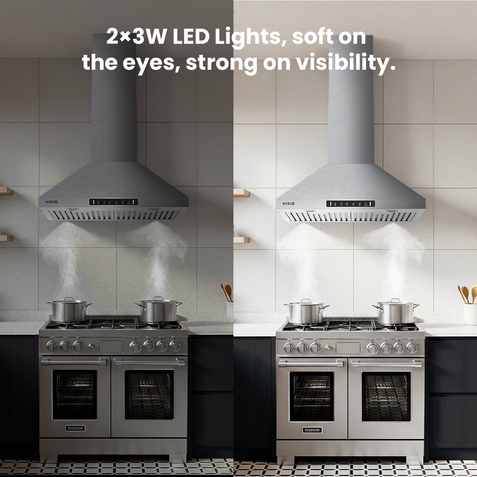 2x3W LED Lights, soft on the eyes, strong on visibility. VIKIO