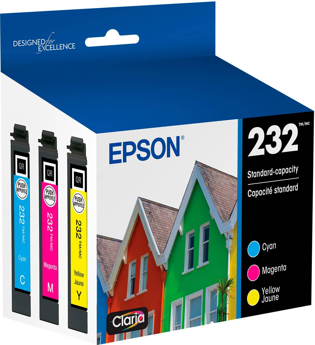 Designed for excellence. Epson 232 TM/MC Cyan, Magenta, Yellow, Black, and Claria. Standard-capacity cartridges.