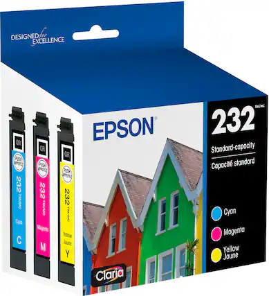 Designed for excellence. Epson 232 TM/MC Cyan, Magenta, Yellow, Black, and Claria. Standard-capacity cartridges.