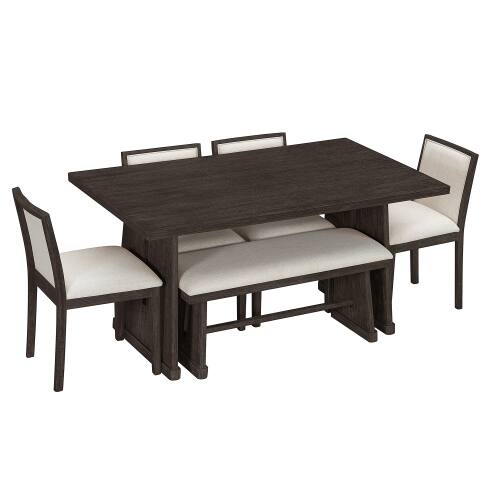 Alt View 4. LUCKY ONE - 6-Piece Rustic Farmhouse Dining Set with Rectangular Dining Table, Bench and 4 Upholstered Linen Chairs - Espresso.