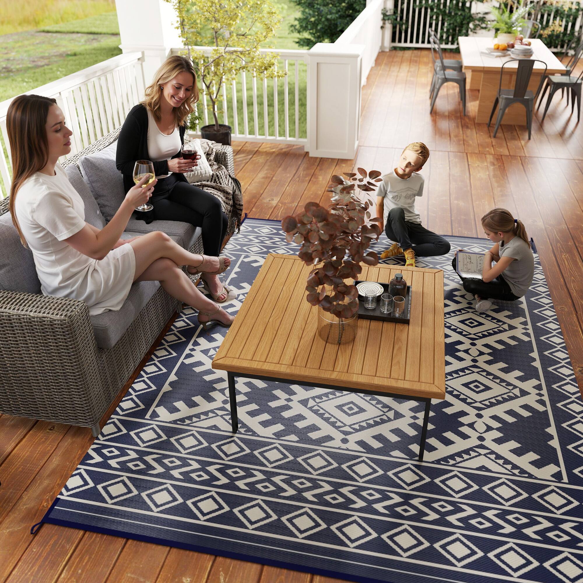 Alt View 8. Outsunny - Outdoor Rug for Patio, 8' x 10' Waterproof Large Mat, Reversible Plastic Straw Rug for Décor - Blue and White Rhombus Border.