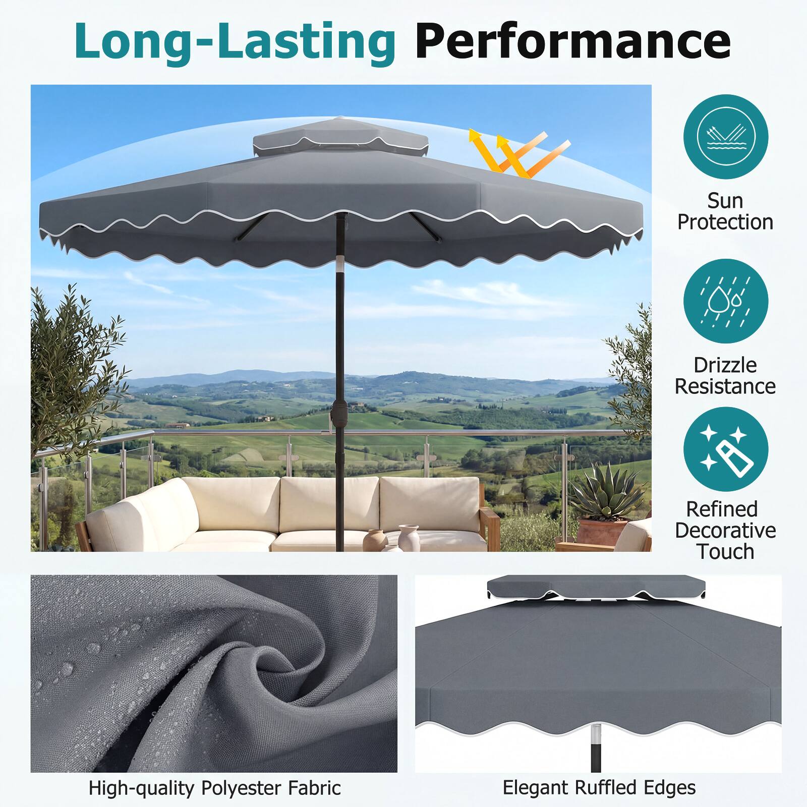 Long-Lasting Performance  
Sun Protection  
Drizzle Resistance  
Refined Decorative Touch  
High-quality Polyester Fabric  
Elegant Ruffled Edges