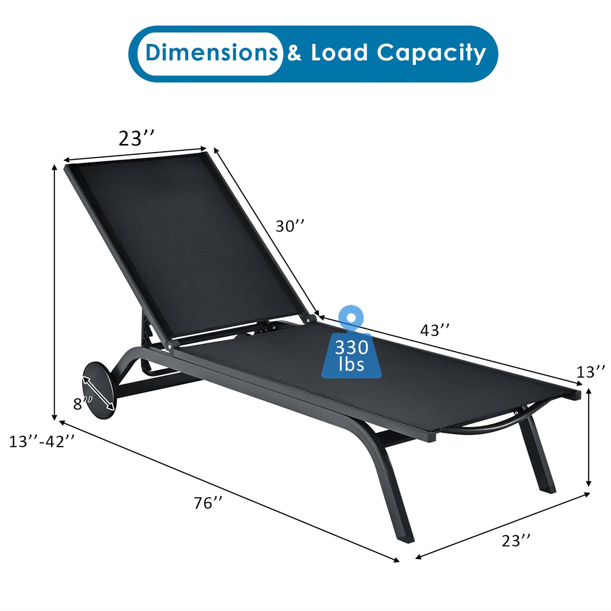 Dimensions & Load Capacity: 23", 30", 330 lbs, 43", 13", 8", 13"-42", 76", 23"