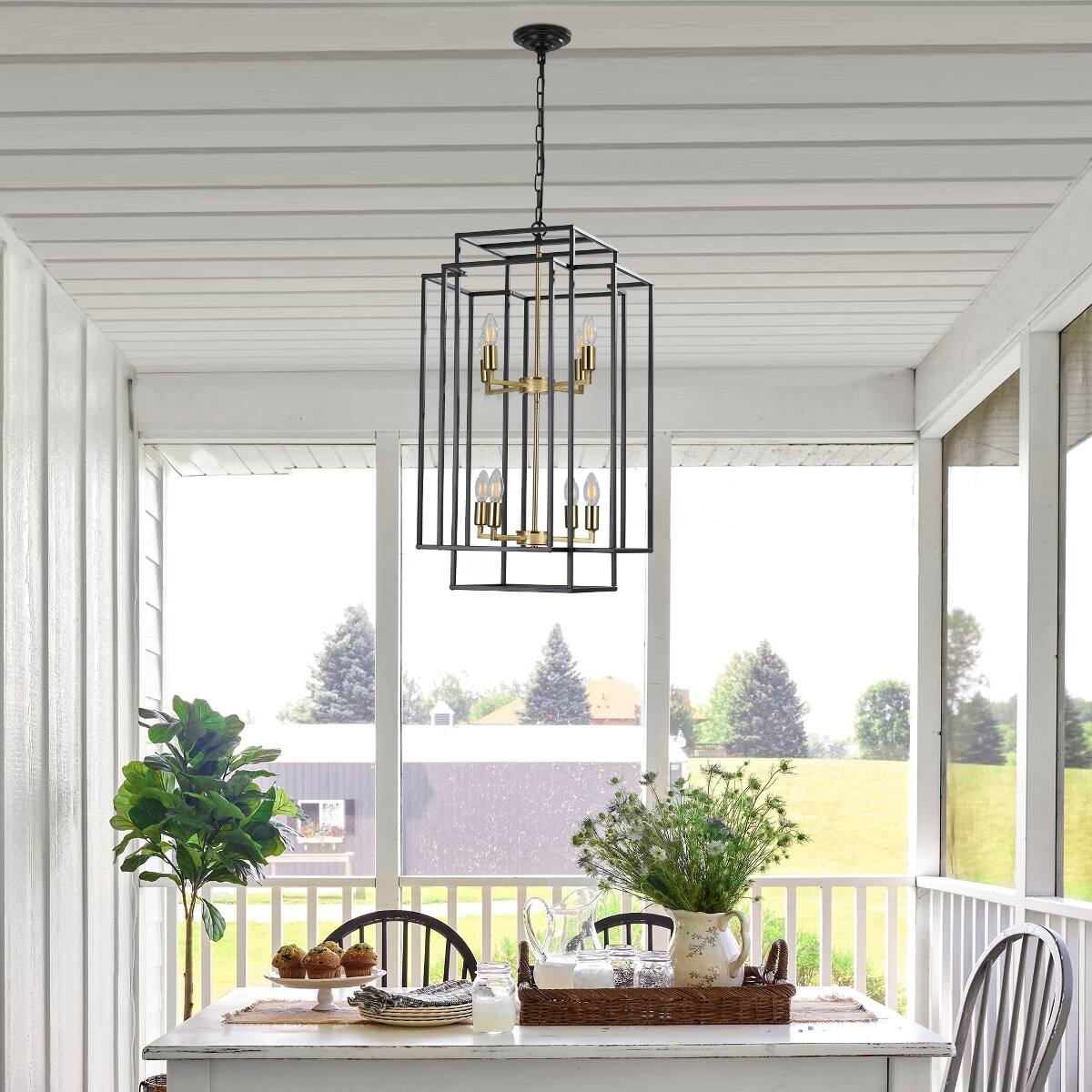Back. Loheer - Loheer 18 Inch Modern Eight Light Chandelier Black Gold Geometric Pendant for Dining Room Kitchen.