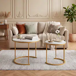 WELLFOR - Nesting Coffee Table Set of 2, Round Nesting Tables for Small Place, End Side Tables with Metal Frame - Golden