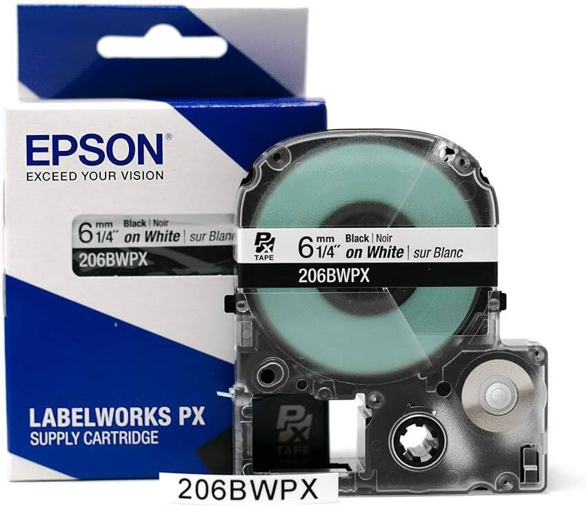 EPSON  
EXCEED YOUR VISION  

6 mm Black | Noir  
6 1/4" on White | sur Blanc  
206BWPX  

LABELWORKS PX  
SUPPLY CARTRIDGE  

206BWPX