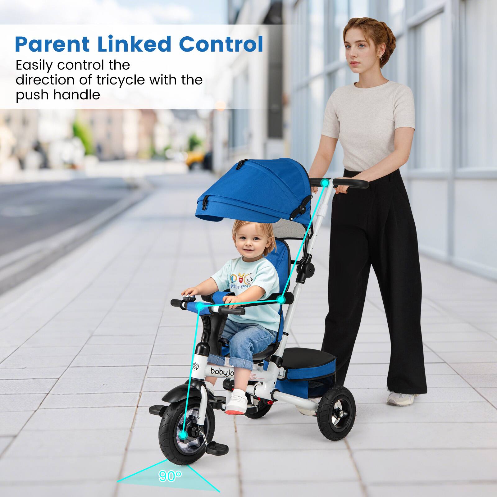Parent Linked Control  
Easily control the direction of tricycle with the push handle