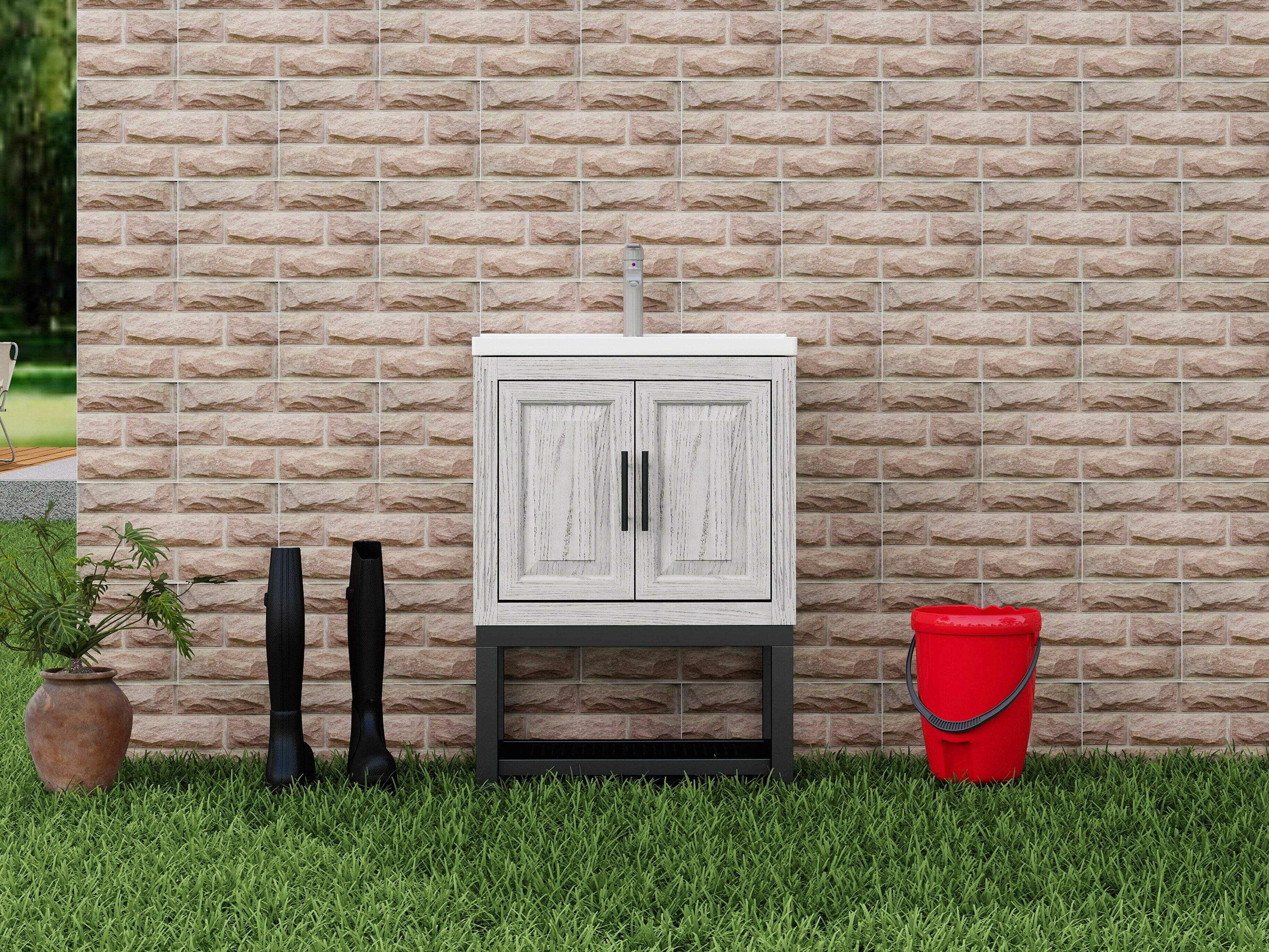 Back. TinyHomie - 24in Bathroom Vanity with White Ceramic Sink and Hot and Cold Faucet Freestanding Bathroom Cabinet with 2 Storage Doors - White.