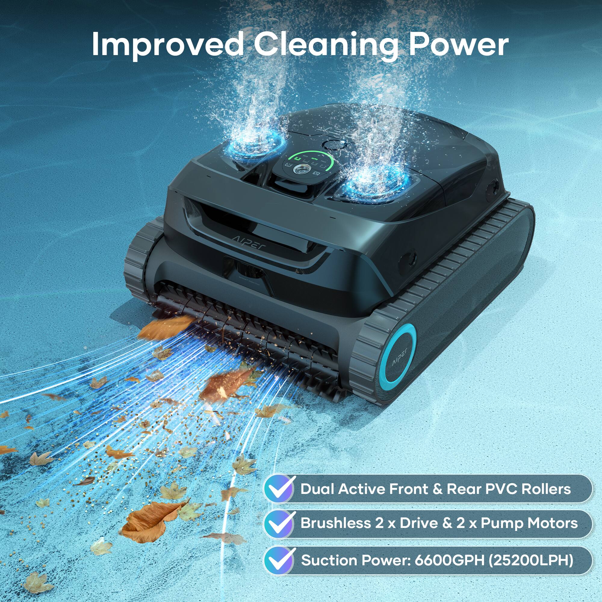 Improved Cleaning Power: 102 AIPEC AAY Dual Active Front & Rear PVC Rollers Brushless 2 x Drive & 2 x Pump Motors Suction Power: 6600GPH (25200LPH)