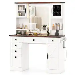 Gymax - Farmhouse Vanity Desk w/ Lighted Mirror Makeup Vanity Table w/ 3 Doors - White, Dark Brown