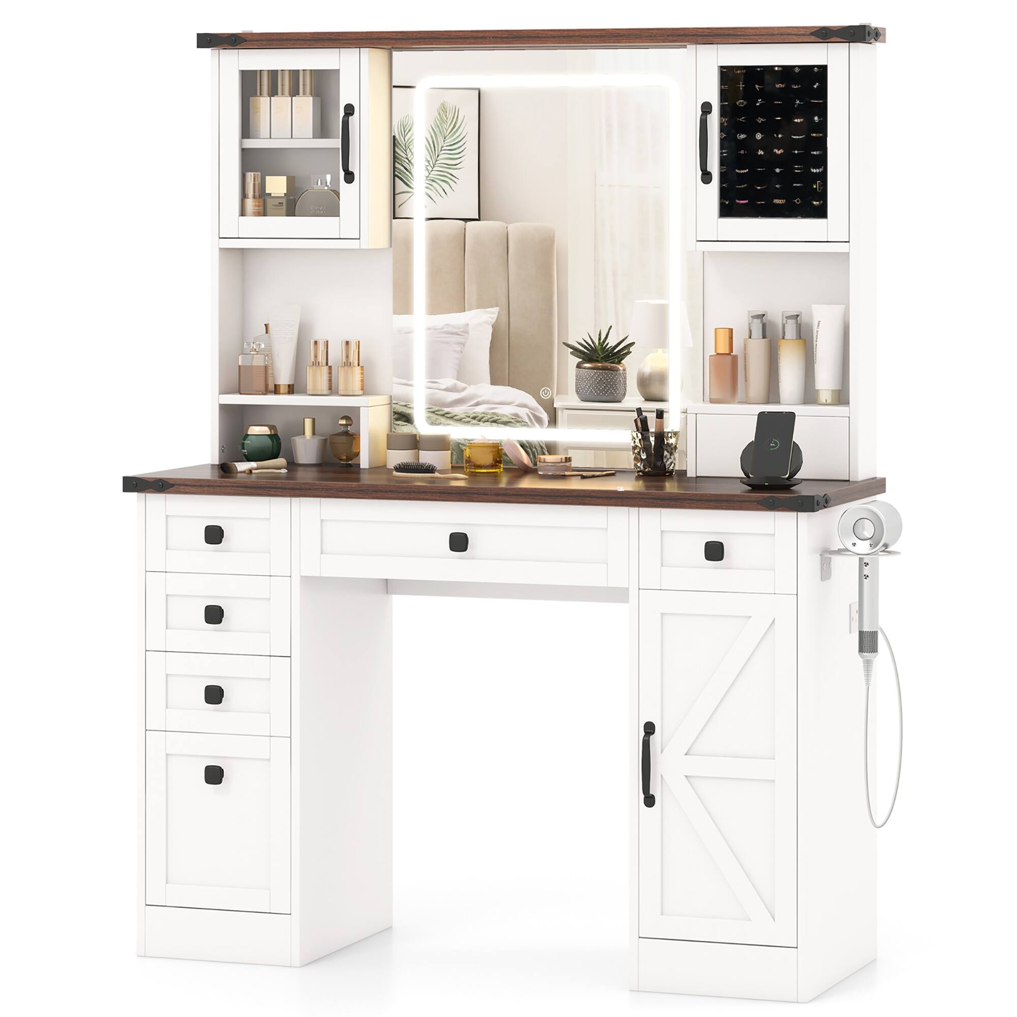 Front. Gymax - Gymax Farmhouse Vanity Desk w/ Lighted Mirror Makeup Vanity Table w/ 3 Doors - White, Dark Brown.