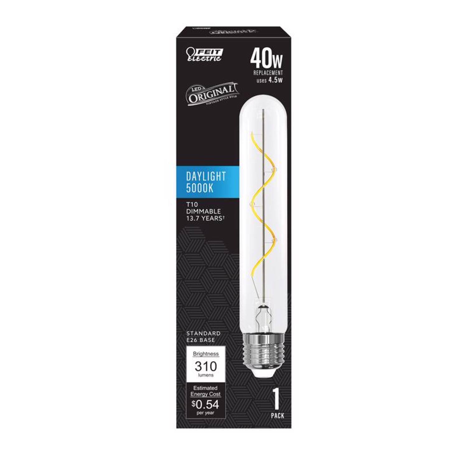 FEIT ELECTRIC 40w REPLACEMENT uses 4.5w LED ORIGINAL  
DAYLIGHT 5000K  
T10 DIMMABLE 13.7 YEARS  
STANDARD E26 BASE  
Brightness 310 lumens  
Estimated Energy Cost $0.54 per year  
1 PACK