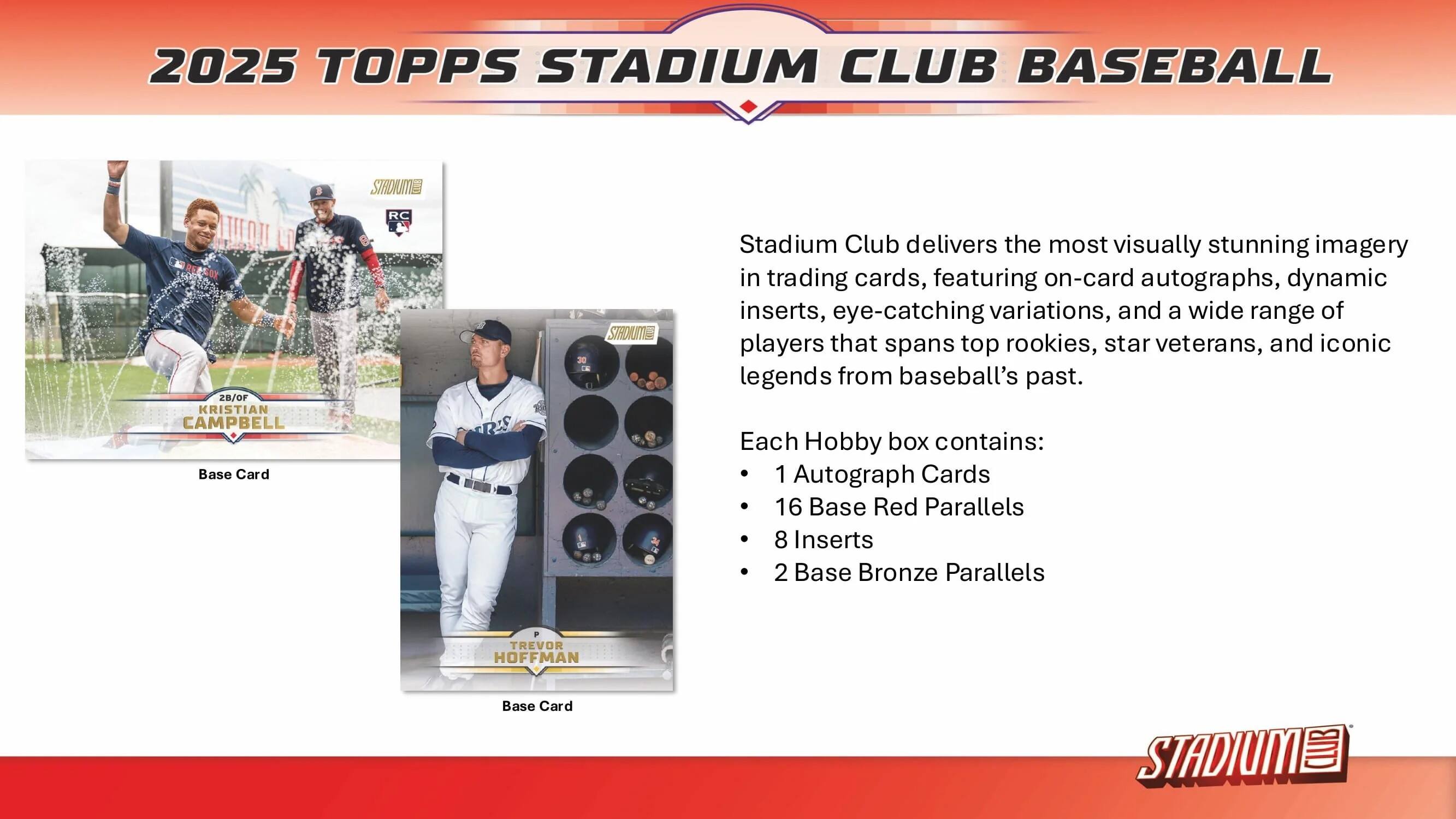 2025 TOPPS STADIUM CLUB BASEBALL

Base Card
3 AOU LO BEI 2B/OF KRISTIAN CAMPBELL

Base Card
TREVOR HOFFMAN

Stadium Club delivers the most visually stunning imagery in trading cards, featuring on-card autographs, dynamic inserts, eye-catching variations, and a wide range of players that spans top rookies, star veterans, and iconic legends from baseball's past.

Each Hobby box contains:
- 1 Autograph Cards
- 16 Base Red Parallels
- 8 Inserts
- 2 Base Bronze Parallels