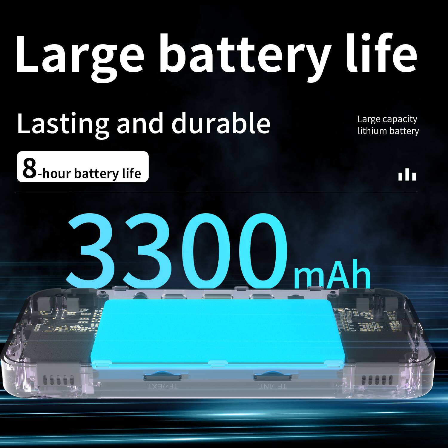 Large battery life and durable, Lasting and durable, Large capacity lithium battery, 8-hour battery life, 3300 mAh, BR TF/EXT INT TF