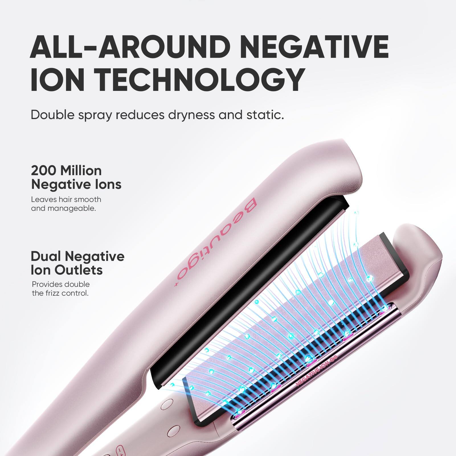 ALL-AROUND NEGATIVE ION TECHNOLOGY  
Double spray reduces dryness and static.  

200 Million Negative Ions  
Leaves hair smooth and manageable.  

Dual Negative Ion Outlets  
Provides double the frizz control.