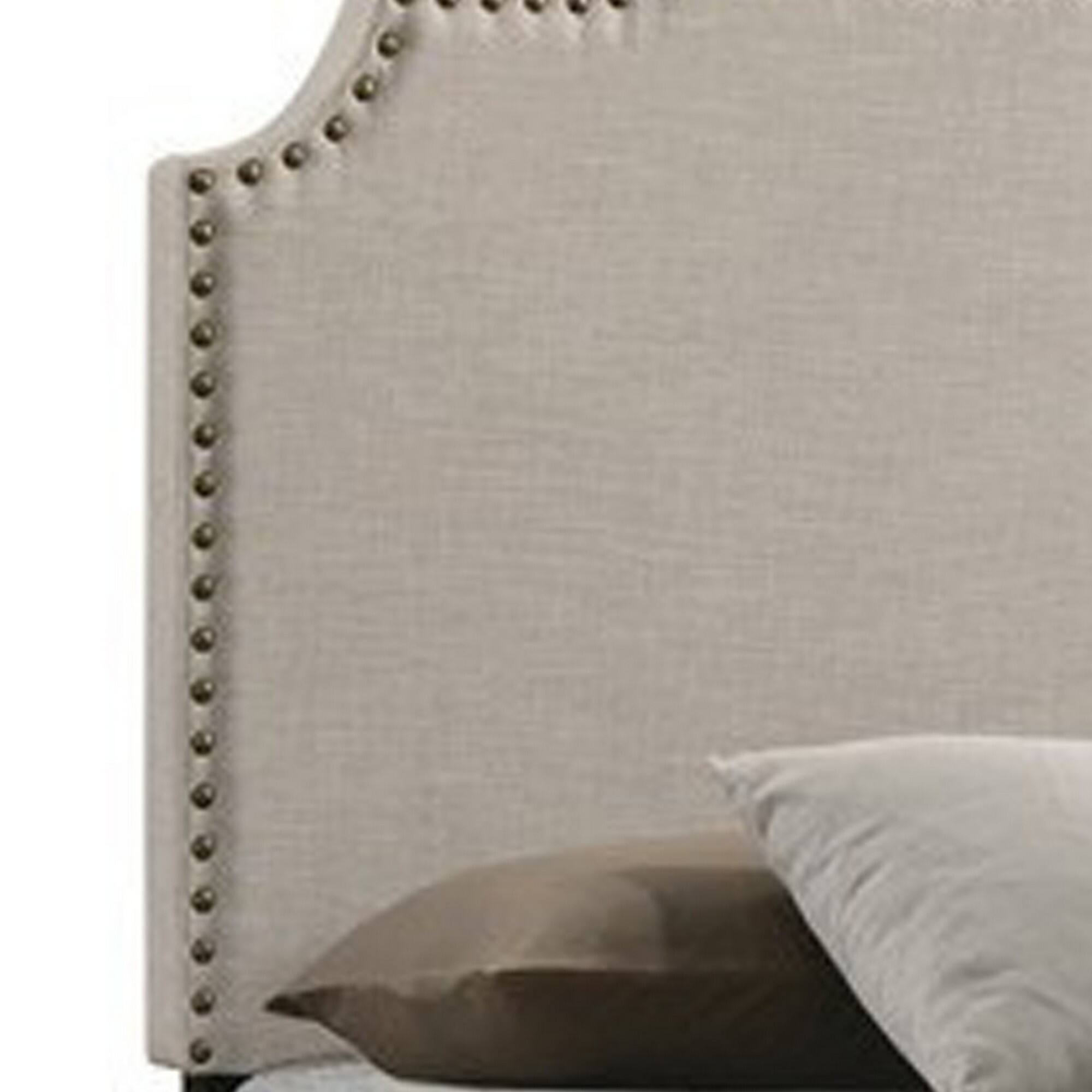 Alt View 3. Manhattan Lane - Fabric Upholstered Wooden Queen Size Bed with Nailhead Trims - Beige.