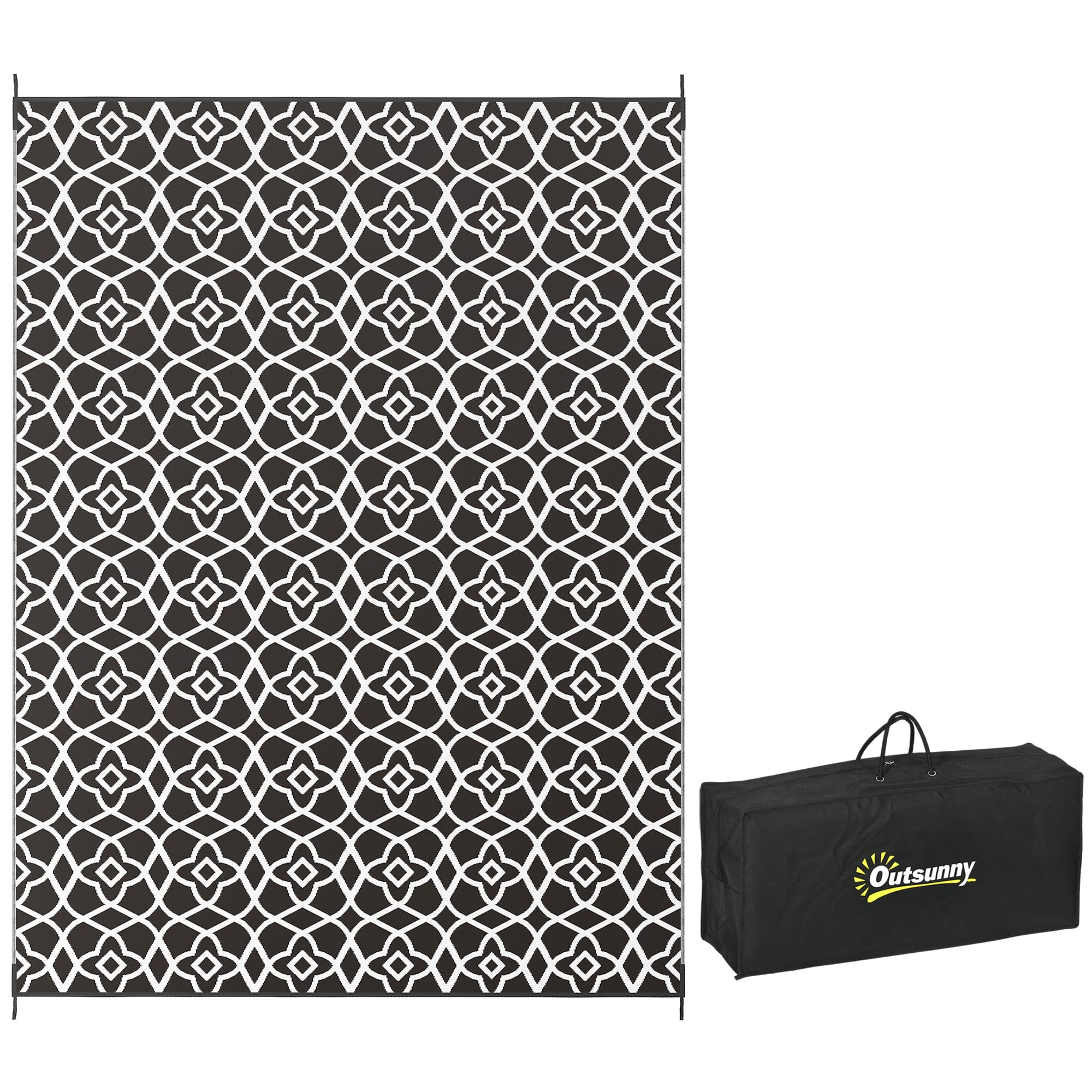 Outsunny - Outdoor Rug for Patio, 9' x 12' Waterproof Large Mat, Reversible Plastic Straw Rug for Décor - Black and White Clover