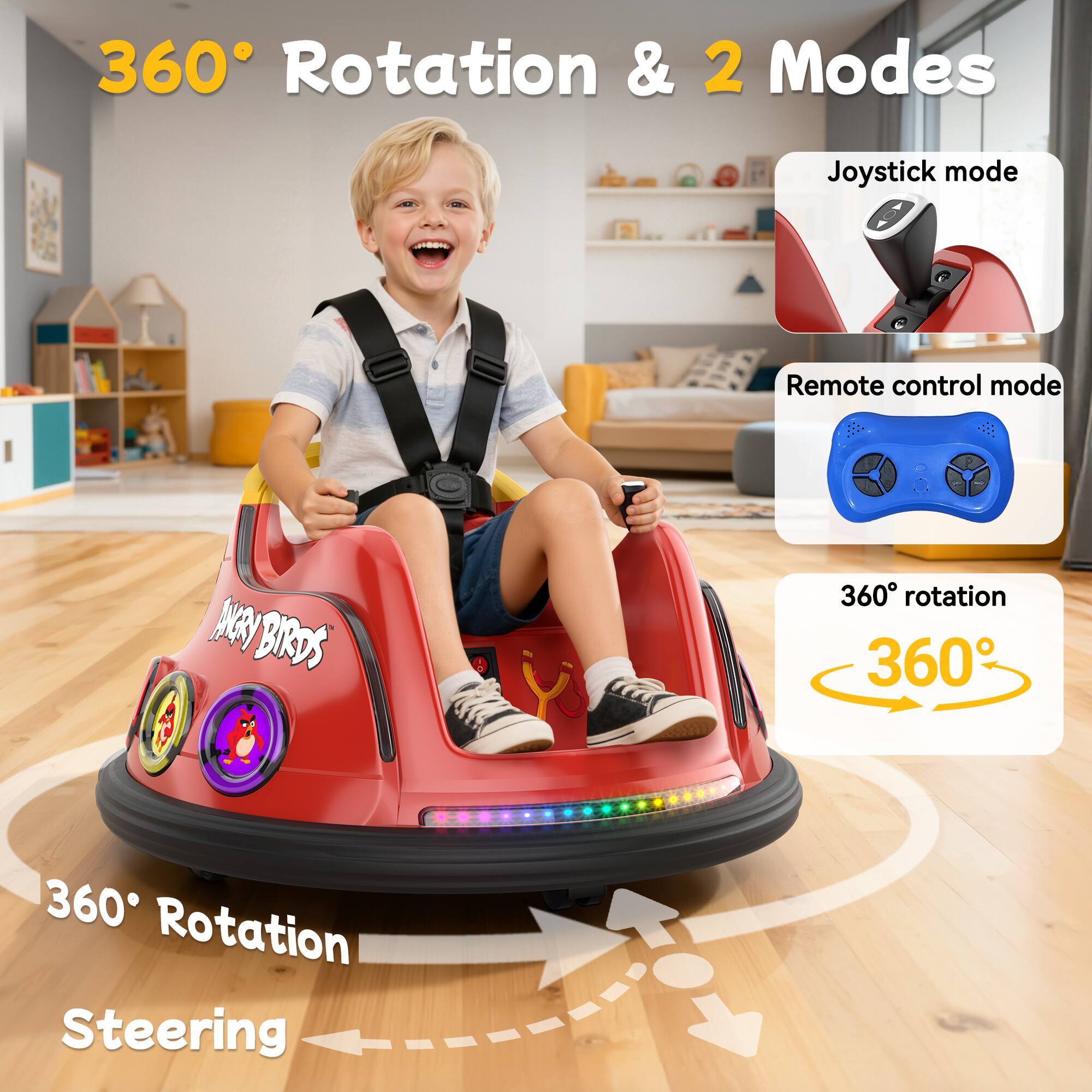 360° Rotation & 2 Modes

Joystick mode
Remote control mode

360° rotation

360° Rotation Steering