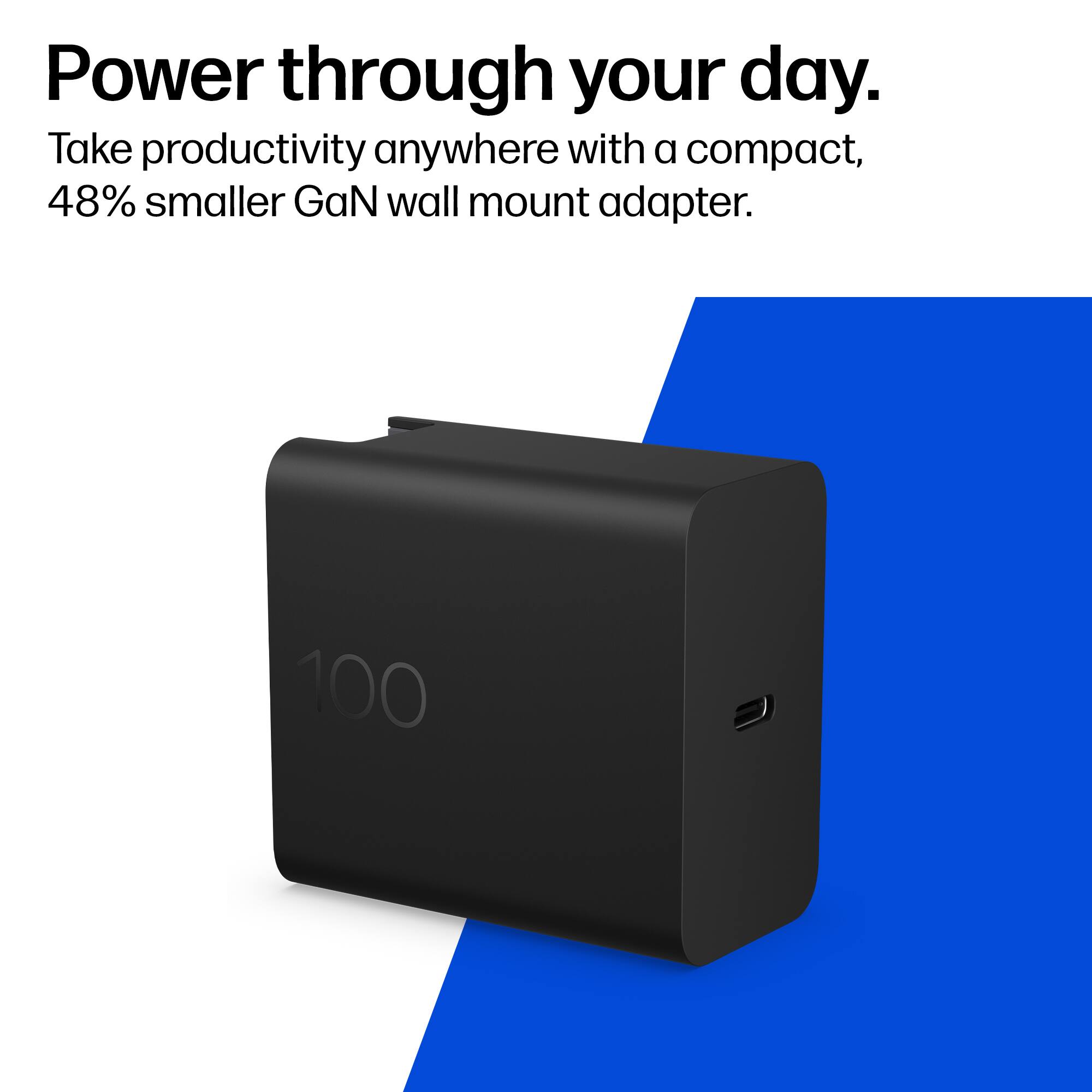 Power through your day.  
Take productivity anywhere with a compact, 48% smaller GaN wall mount adapter.