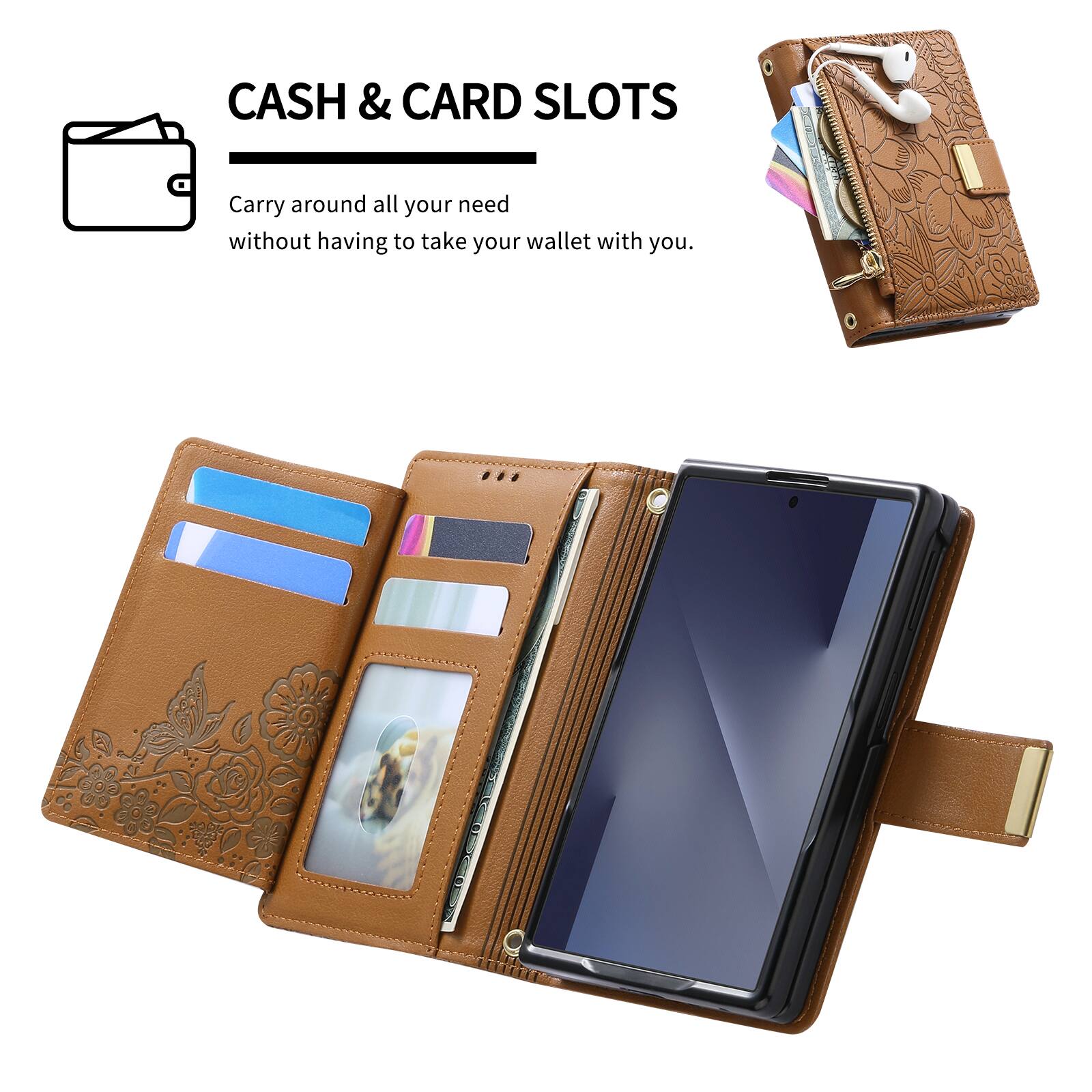 CASH & CARD SLOTS  
Carry around all your need without having to take your wallet with you.