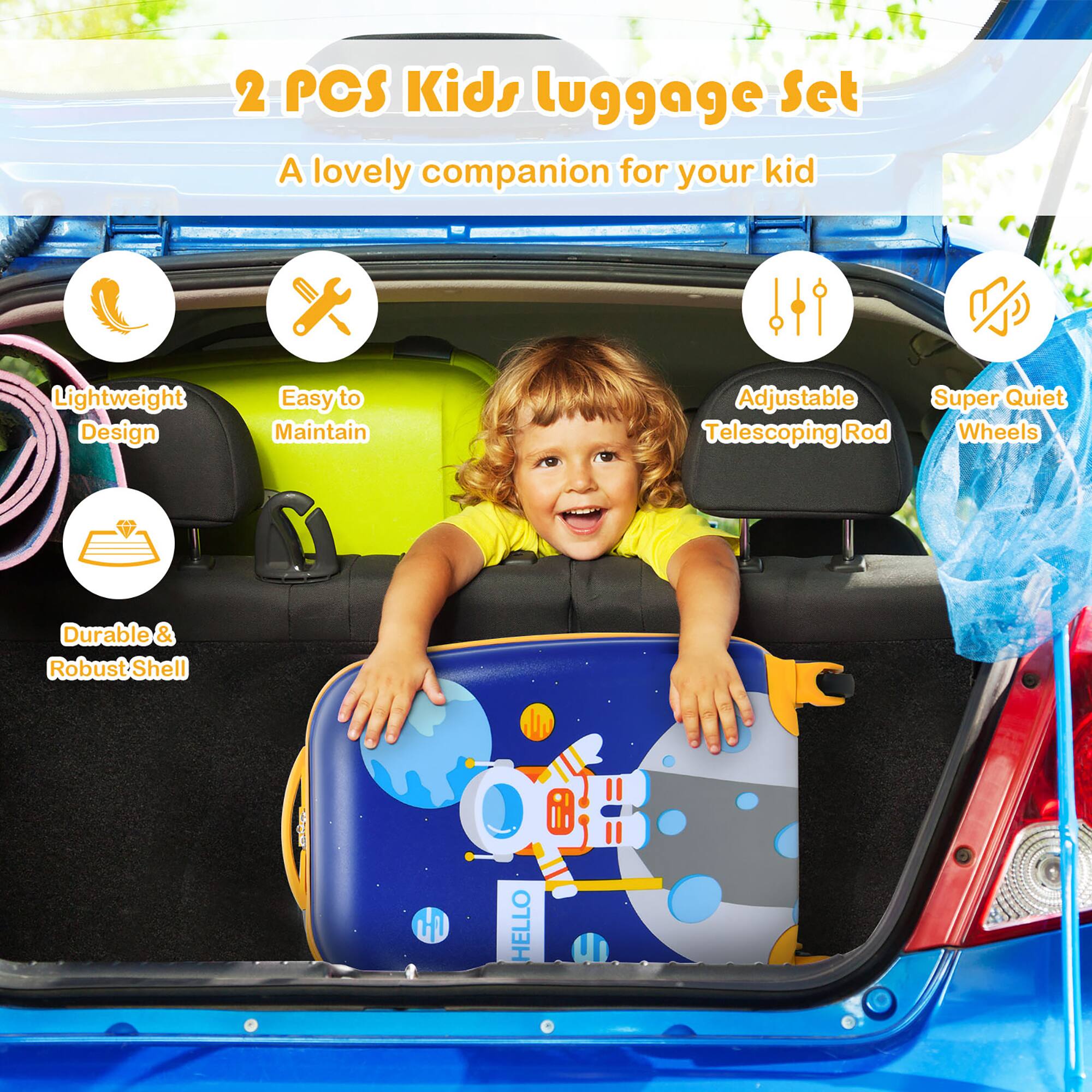 2 POS Kids Luggage Set: A lovely companion for your kid. Lightweight Design. Easy to Maintain. Adjustable Telescoping Rod. Super Quiet Wheels. Durable & Robust Shell.