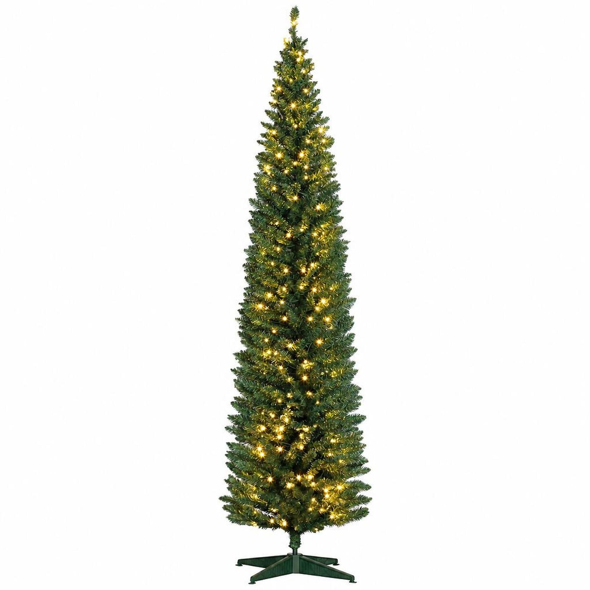 Front. RYHNUYNE - 8 Ft Pre-Lit Slim Noble Fir Artificial Christmas Tree With 300 Warm White LED Lights, 618 Tips Metal Stand Decor - Green.