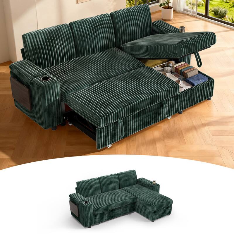 Angle. Dyonery - 85" Modular Sectional Sofa with Pull Out Bed,Corduroy Fabric 3 Seat Sectional Sleeper Sofa with Storage,for Living Room - Green.