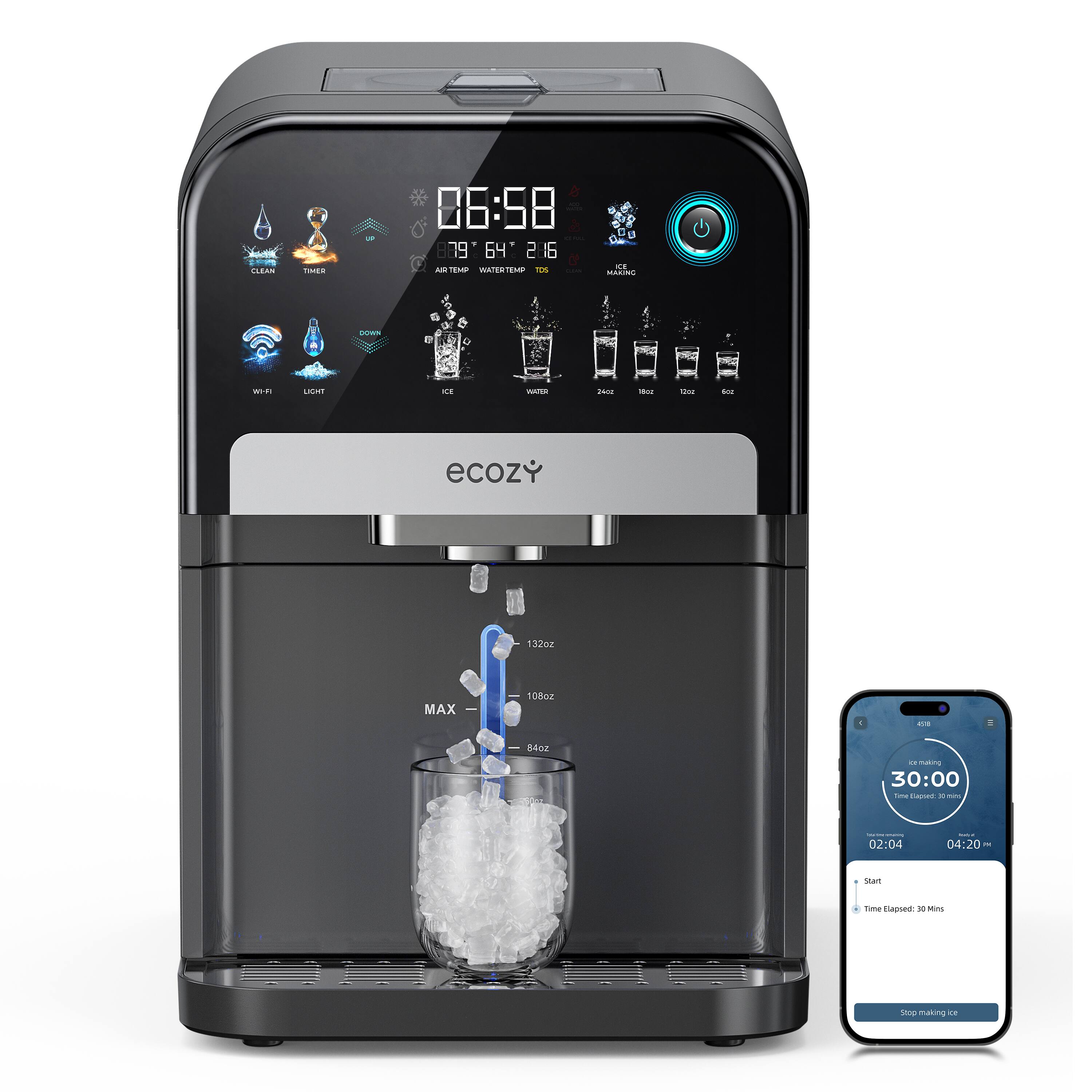 Ecozy - Nugget Ice Maker Dispenser, Smart 2-in-1 Pebble Ice Machine Countertop & Water Dispenser with App Control - Black