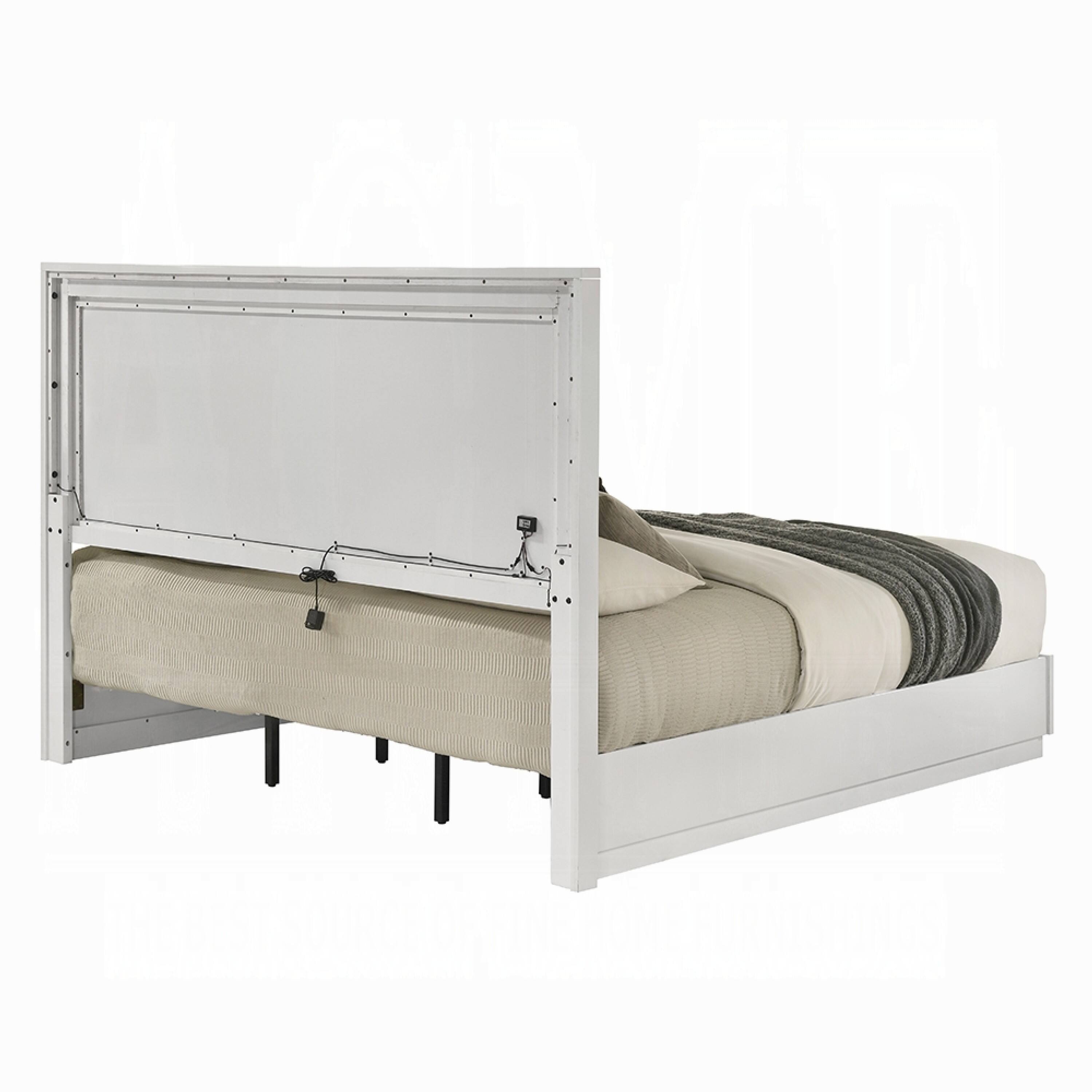 Alt View 3. Manhattan Lane - Esy Queen Size Storage Bed with LED Headboard, USB Ports, White and Silver - White, Silver.