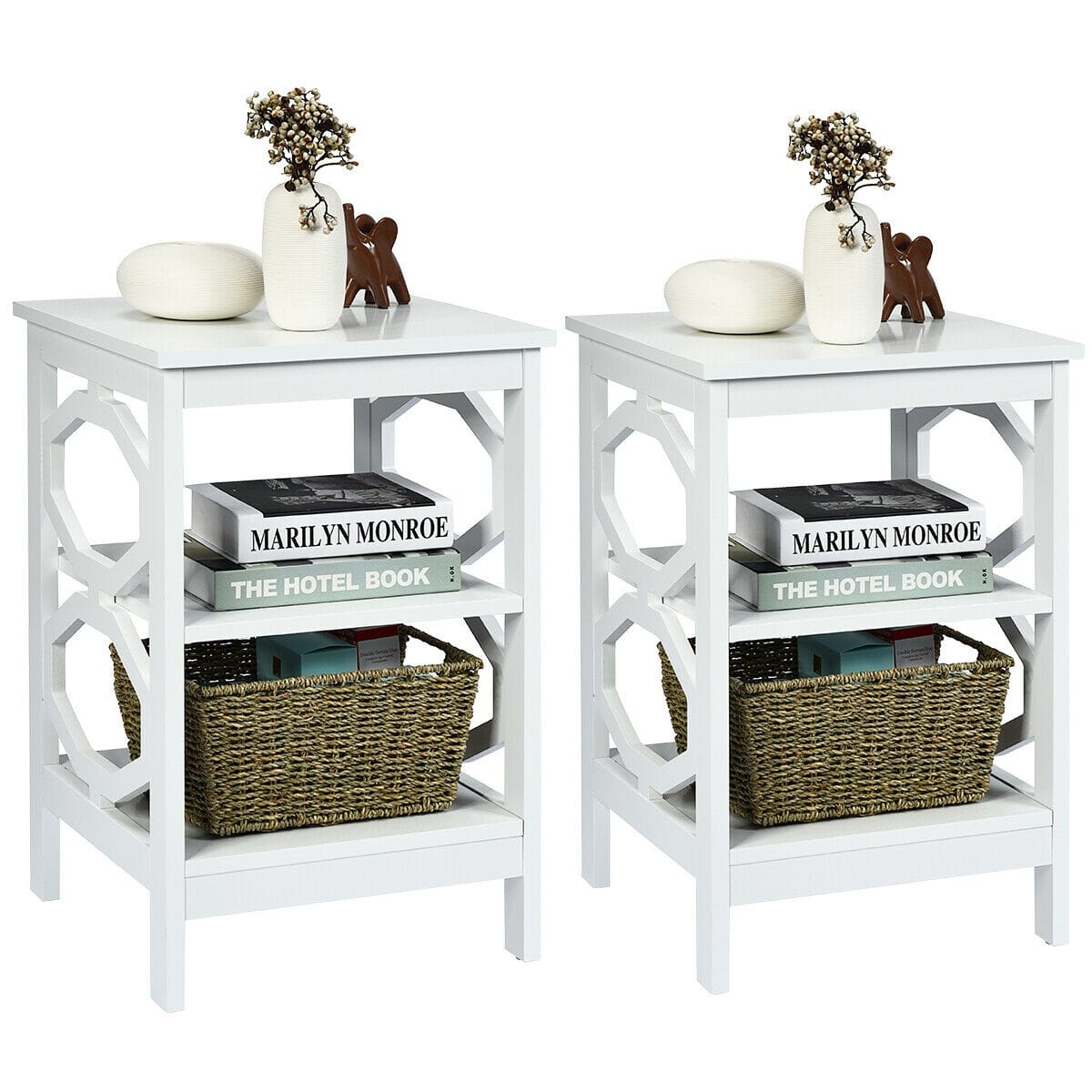 Ecooso - 2 Pieces 3-Tier End Side Table Set with Stable Structure and Open Storage, Beside Table for Home - White