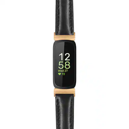 Front. StrapsCo - Everyday Leather Watch Band Strap For Fitbit Inspire 3 (Extra Long) - Black (Rose Gold Hardware).