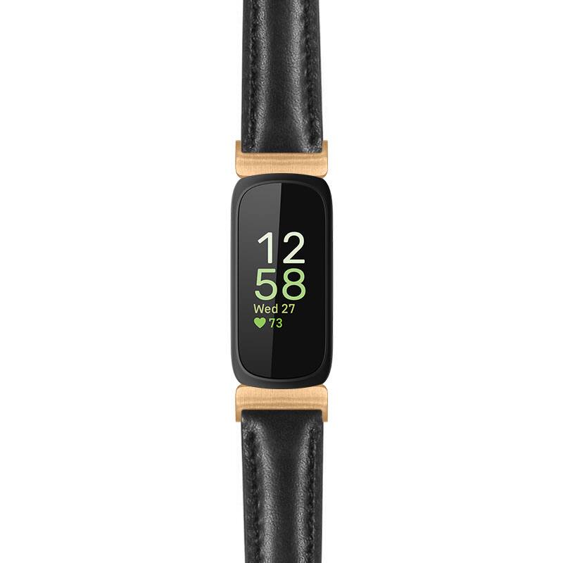 Front. StrapsCo - Everyday Leather Watch Band Strap For Fitbit Inspire 3 (Extra Long) - Black (Rose Gold Hardware).